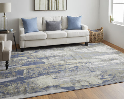 5' X 8' Blue Gray And Tan Abstract Power Loom Distressed Area Rug