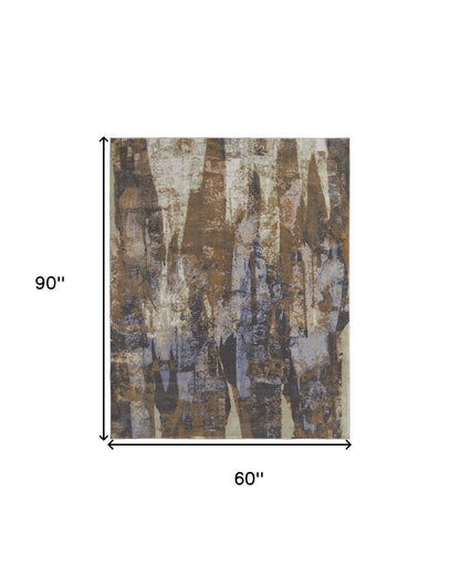 5' X 8' Blue Gray And Tan Abstract Power Loom Distressed Area Rug