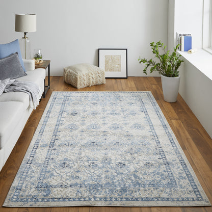 8' X 10' Blue And Ivory Geometric Power Loom Distressed Area Rug