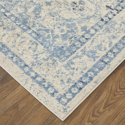 8' X 10' Blue And Ivory Geometric Power Loom Distressed Area Rug