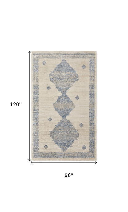 8' X 10' Blue And Ivory Geometric Power Loom Distressed Area Rug