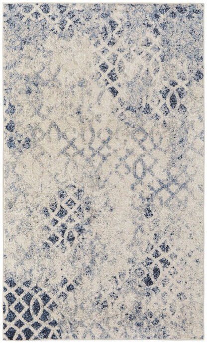 7' X 10' Ivory And Blue Abstract Power Loom Distressed Area Rug