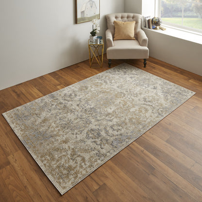 4' X 6' Gray Ivory And Gold Floral Power Loom Distressed Area Rug