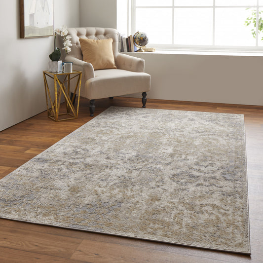 4' X 6' Gray Ivory And Gold Floral Power Loom Distressed Area Rug