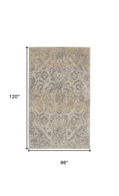 4' X 6' Gray Ivory And Gold Floral Power Loom Distressed Area Rug