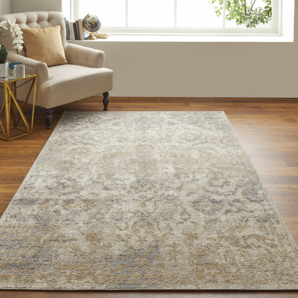 4' X 6' Gray Ivory And Gold Floral Power Loom Distressed Area Rug