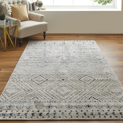 8' X 10' Ivory Blue And Gray Geometric Power Loom Distressed Area Rug