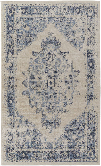 8' X 10' Ivory And Blue Floral Power Loom Distressed Area Rug