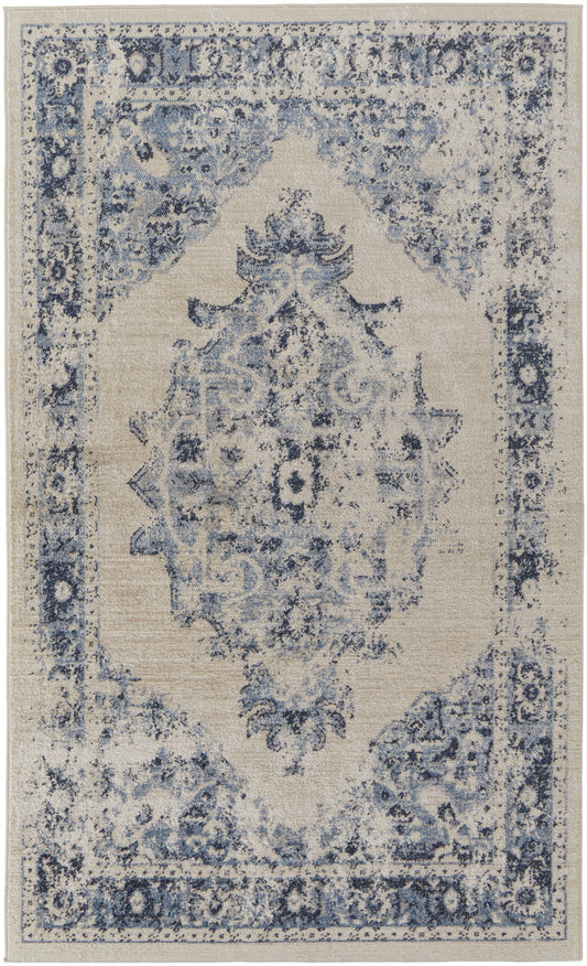 8' X 10' Ivory And Blue Floral Power Loom Distressed Area Rug