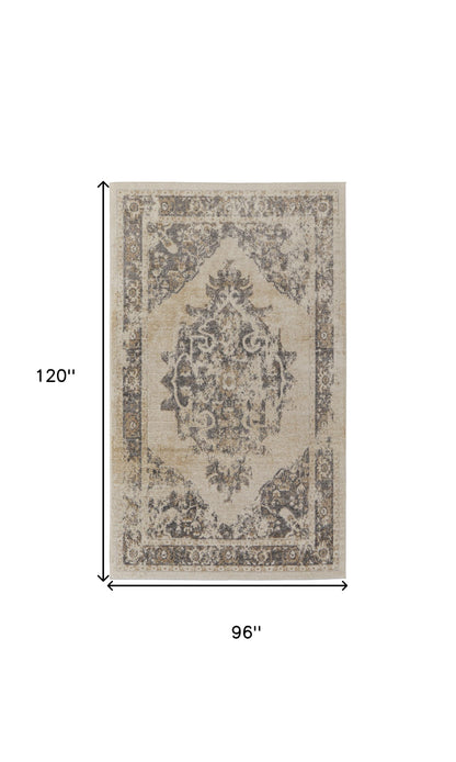 8' X 10' Ivory And Blue Floral Power Loom Distressed Area Rug