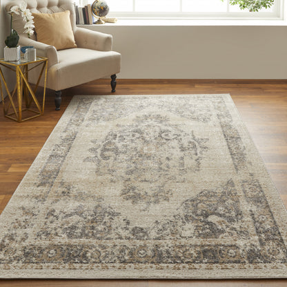 8' X 10' Ivory And Blue Floral Power Loom Distressed Area Rug