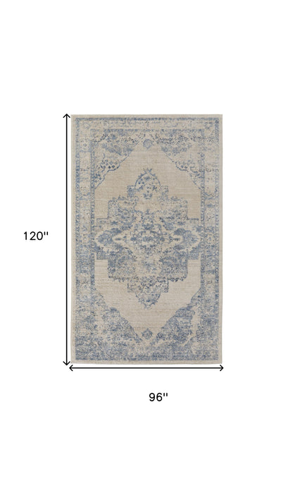 8' X 10' Blue And Ivory Floral Power Loom Distressed Area Rug