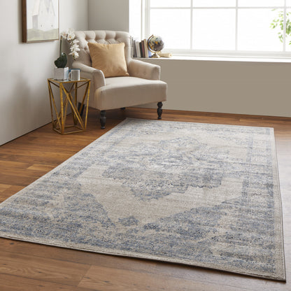 8' X 10' Blue And Ivory Floral Power Loom Distressed Area Rug