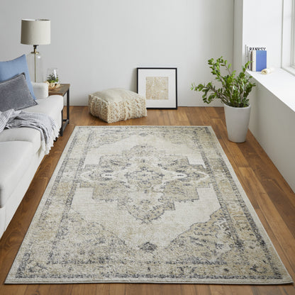 8' X 10' Blue And Ivory Floral Power Loom Distressed Area Rug