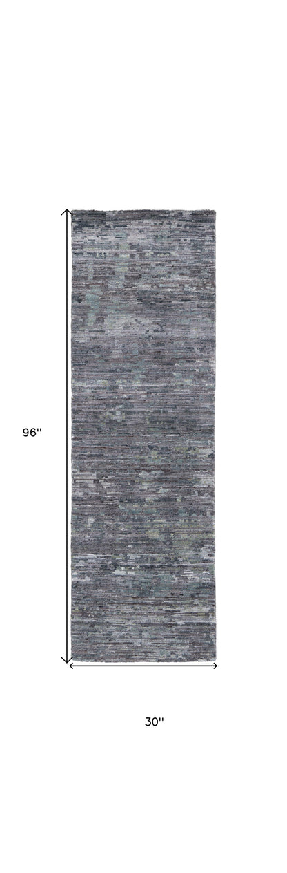 4' X 6' Blue And Gray Wool Abstract Hand Knotted Area Rug