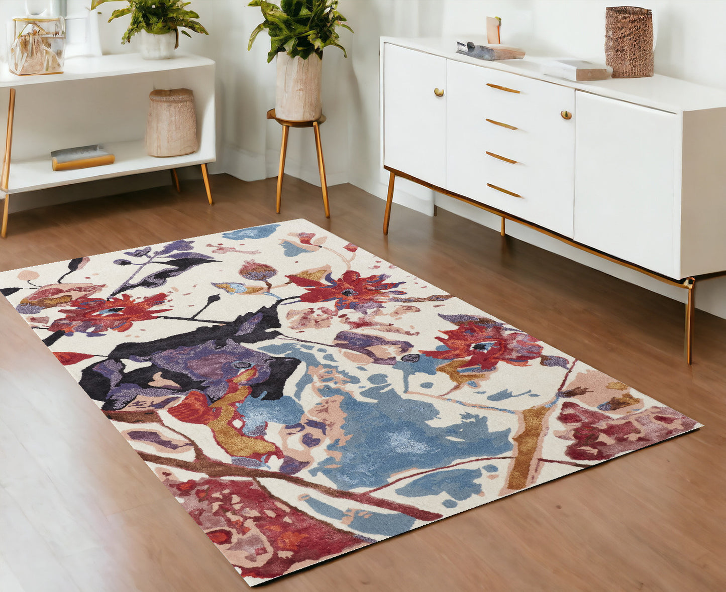 5' X 8' Blue and Red Floral Hand Tufted Area Rug