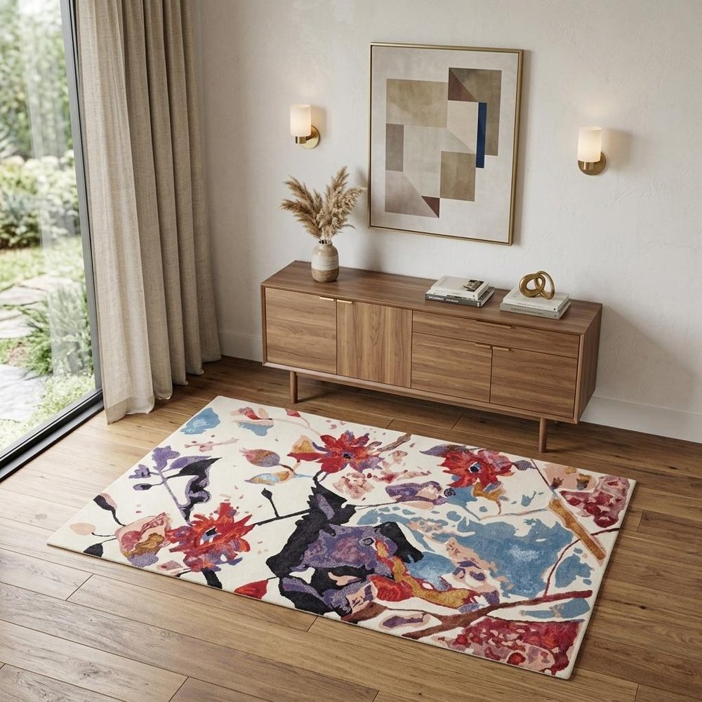 9' X 12' Blue and Red Floral Hand Tufted Area Rug
