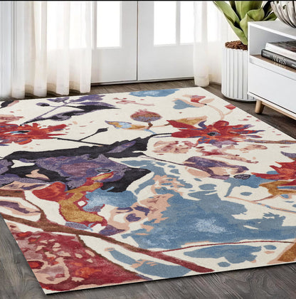 5' X 8' Blue and Red Floral Hand Tufted Area Rug