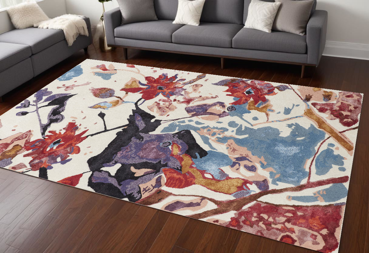 5' X 8' Blue and Red Floral Hand Tufted Area Rug