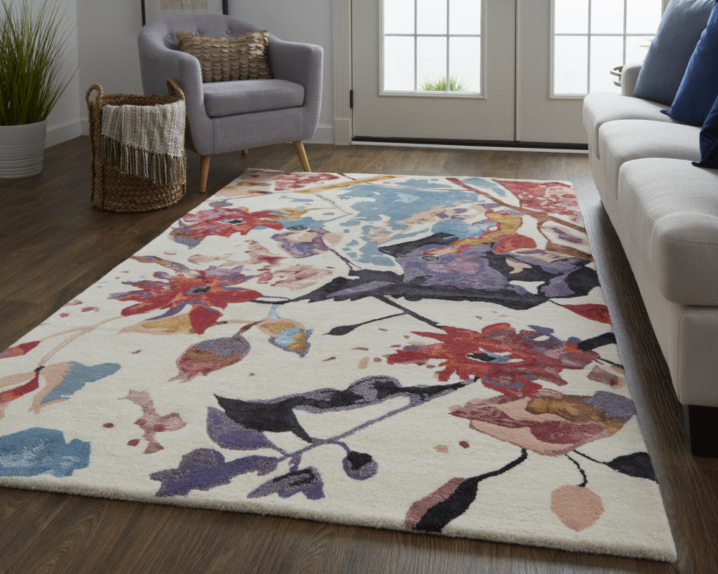 5' X 8' Blue and Red Floral Hand Tufted Area Rug