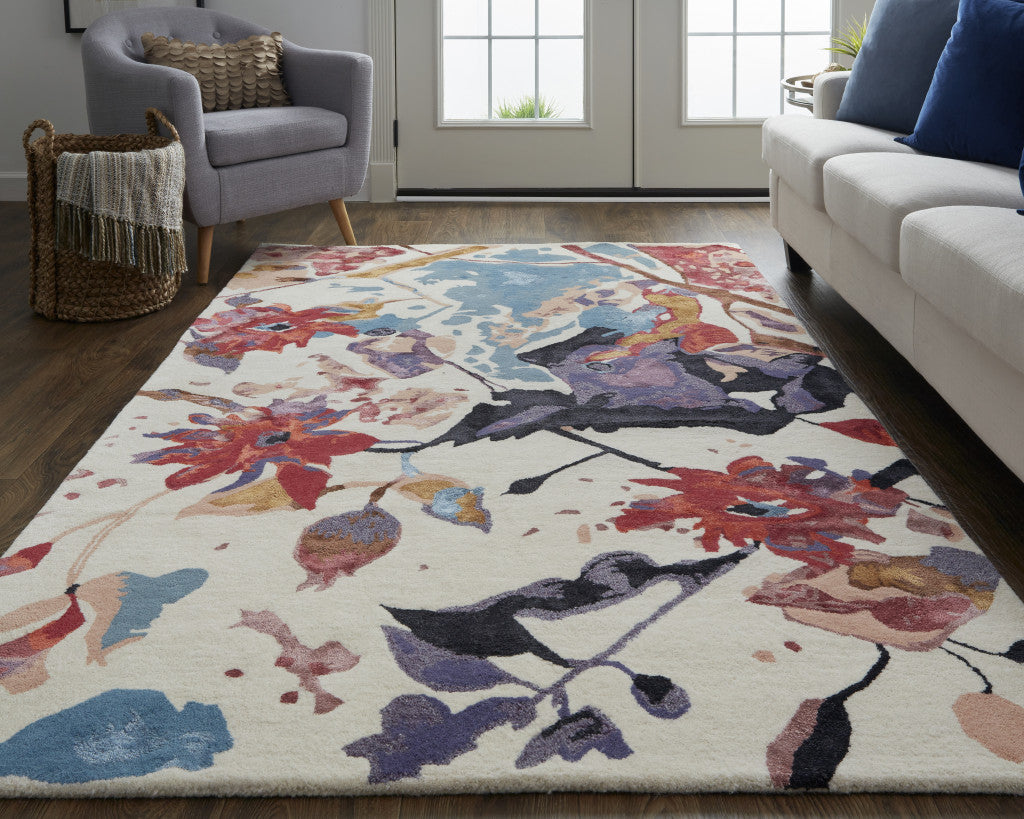 5' X 8' Blue and Red Floral Hand Tufted Area Rug