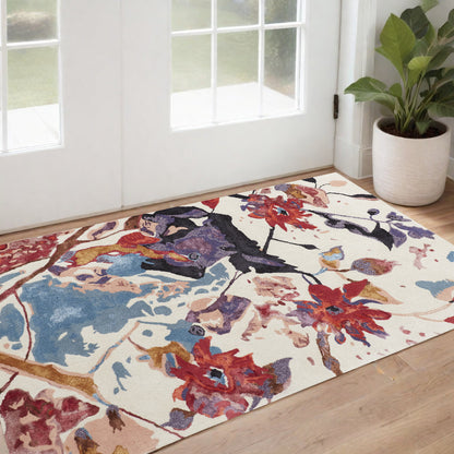 5' X 8' Blue and Red Floral Hand Tufted Area Rug