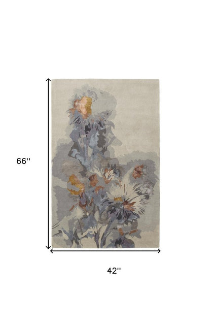 5' X 8' Blue and Gray Wool Floral Hand Tufted Area Rug