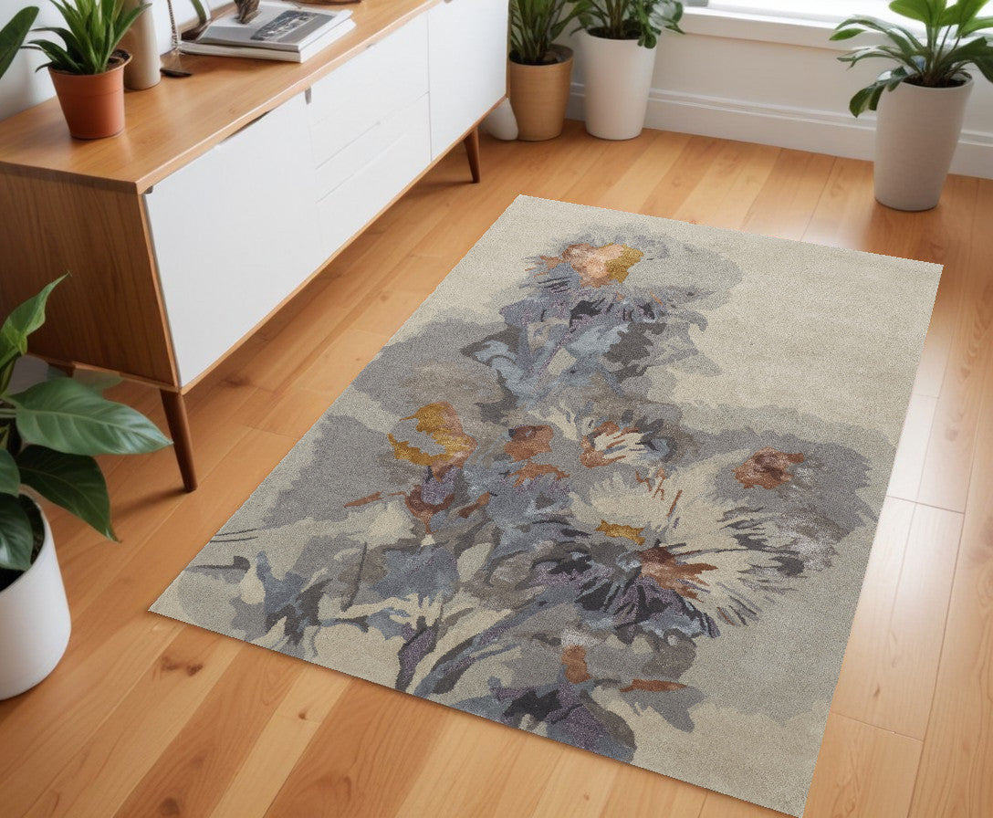 4' X 6' Blue and Gray Wool Floral Hand Tufted Area Rug