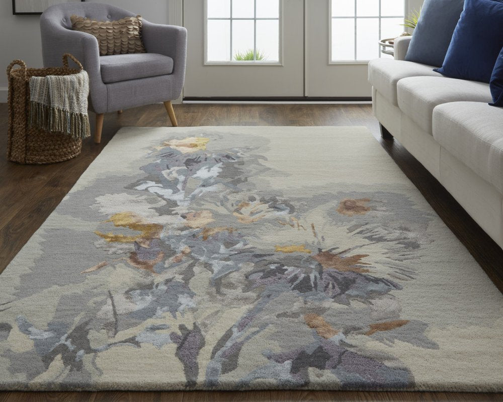 5' X 8' Blue and Gray Wool Floral Hand Tufted Area Rug