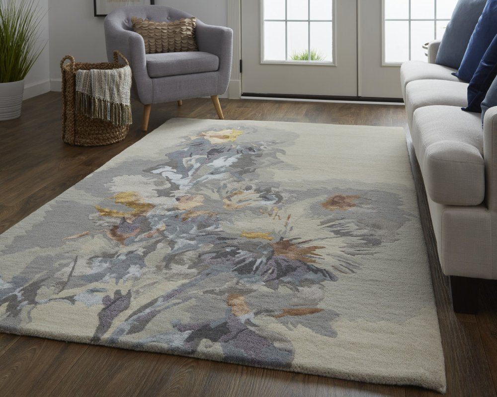 5' X 8' Blue and Gray Wool Floral Hand Tufted Area Rug