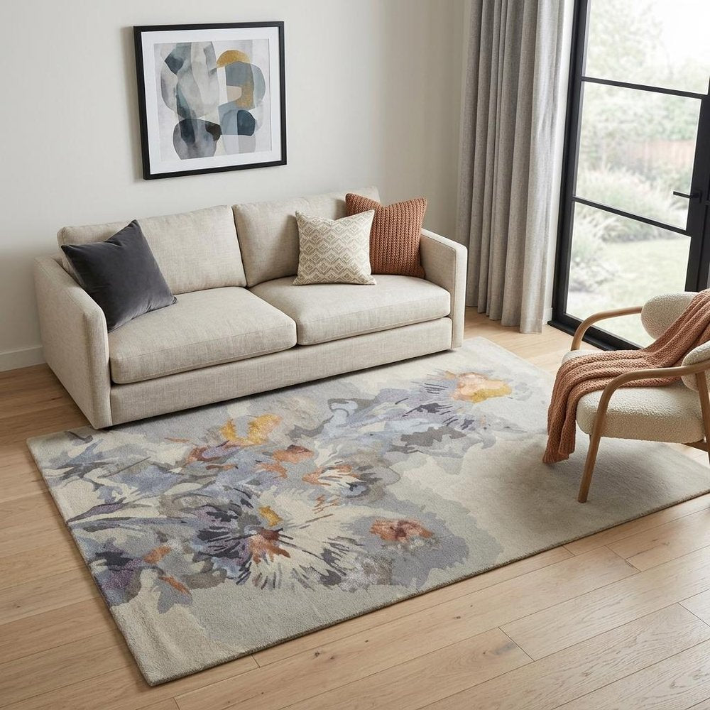 10' X 14' Blue and Gray Wool Floral Hand Tufted Area Rug
