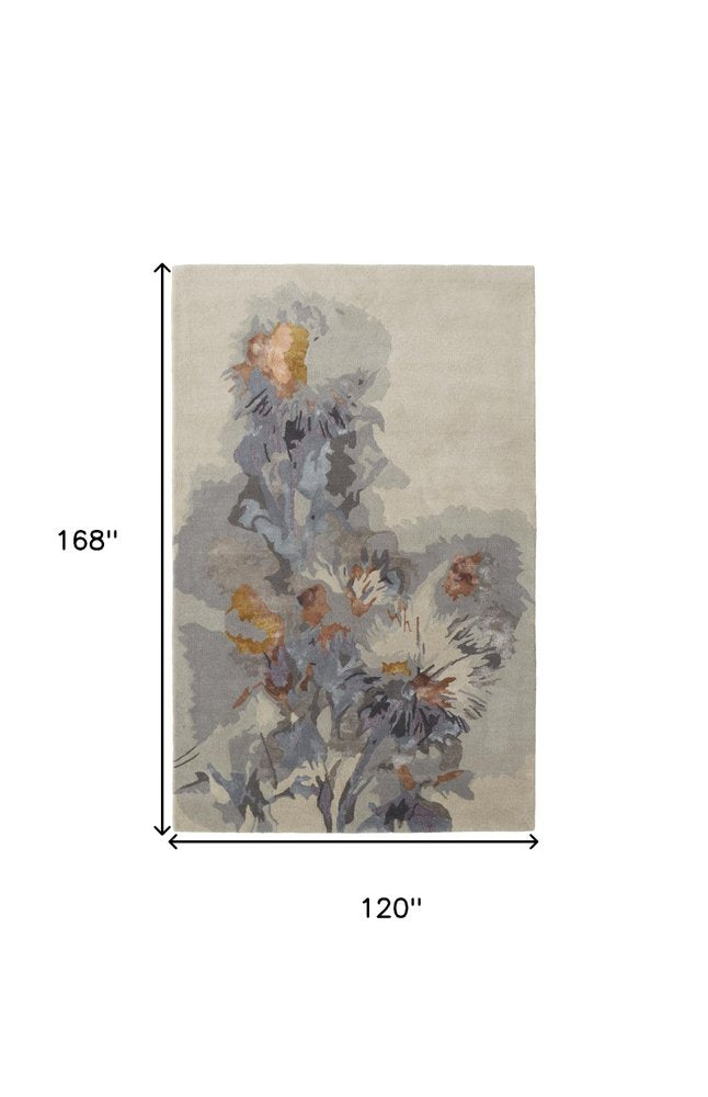 10' X 14' Blue and Gray Wool Floral Hand Tufted Area Rug
