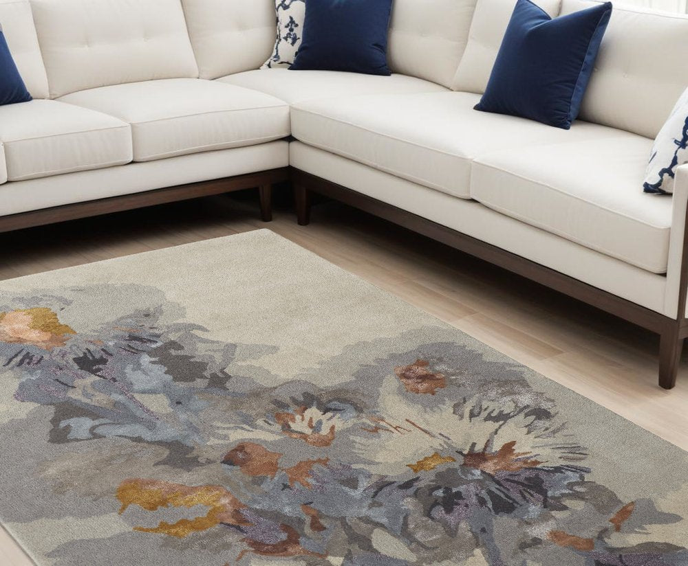 10' X 14' Blue and Gray Wool Floral Hand Tufted Area Rug