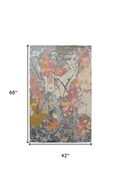 5' X 8' Ivory and Blue Wool Floral Hand Tufted Area Rug