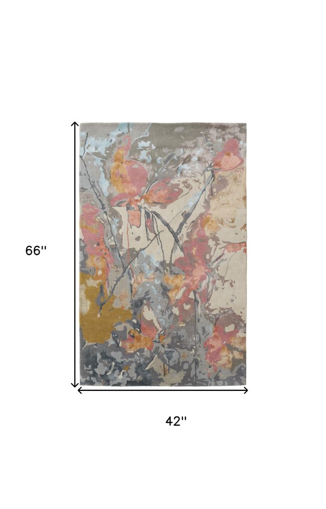 5' X 8' Ivory and Blue Wool Floral Hand Tufted Area Rug