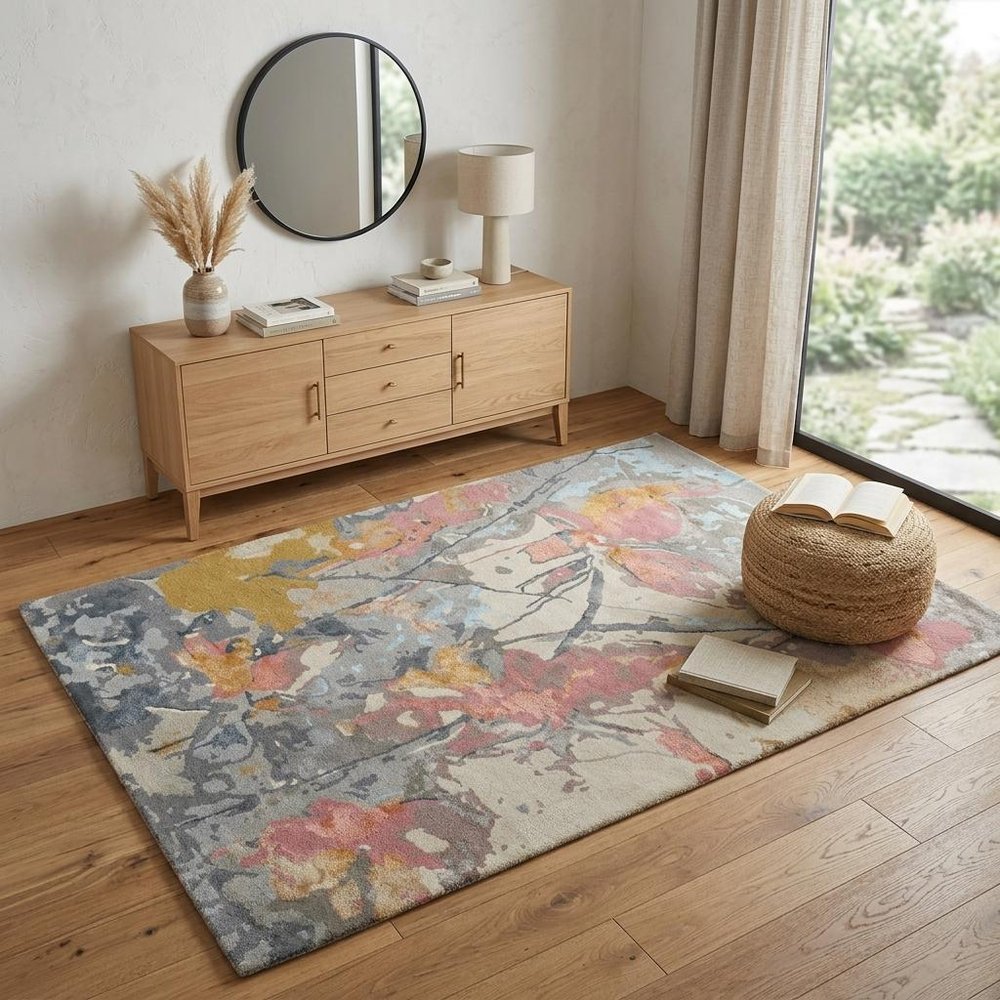 4' X 6' Ivory and Blue Wool Floral Hand Tufted Area Rug