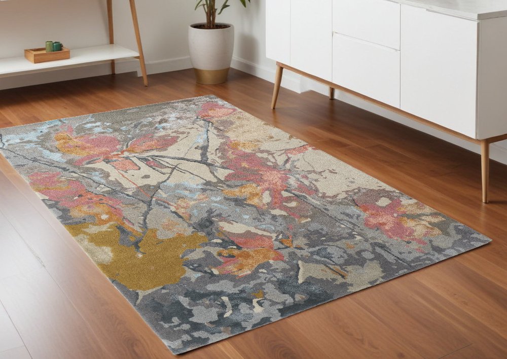 5' X 8' Ivory and Blue Wool Floral Hand Tufted Area Rug