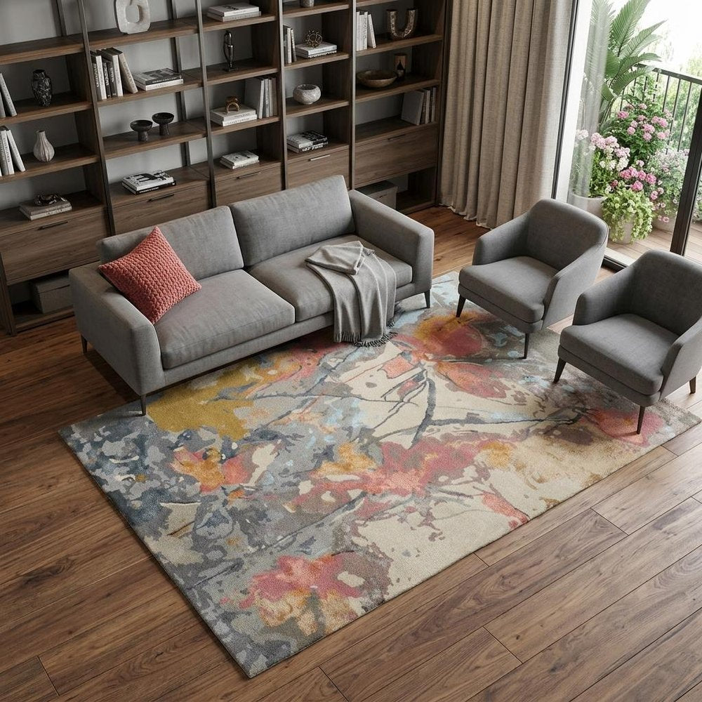 4' X 6' Ivory and Blue Wool Floral Hand Tufted Area Rug