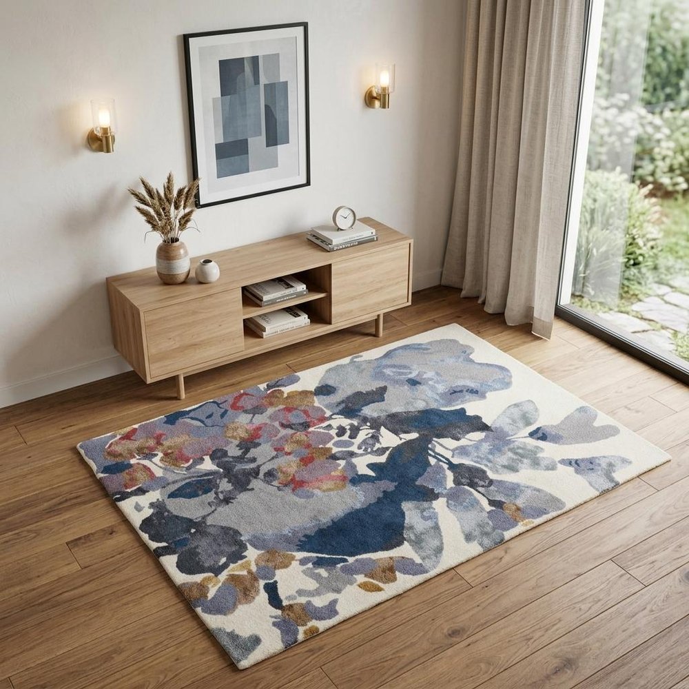 4' X 6' Blue Gray and Pink Wool Floral Hand Tufted Area Rug