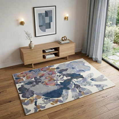 5' X 8' Blue Gray and Pink Wool Floral Hand Tufted Area Rug
