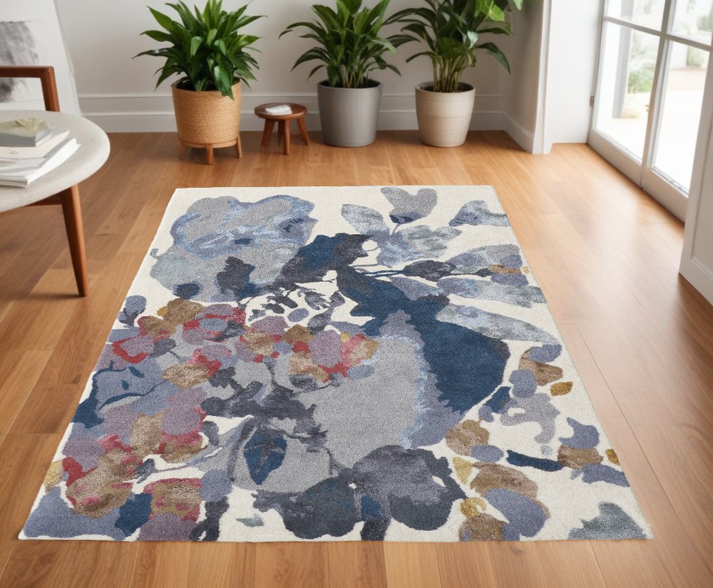 5' X 8' Blue Gray and Pink Wool Floral Hand Tufted Area Rug