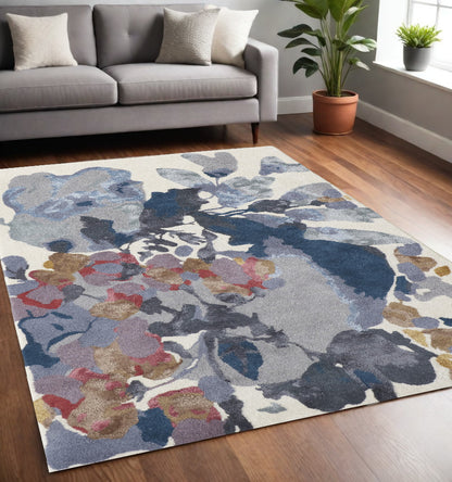 2' X 3' Blue Gray and Pink Wool Floral Hand Tufted Area Rug