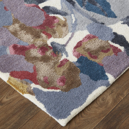 2' X 3' Blue Gray and Pink Wool Floral Hand Tufted Area Rug