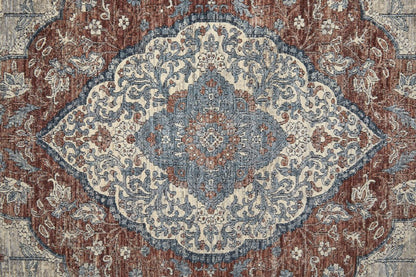 10' Gray Red And Blue Floral Runner Rug With Fringe