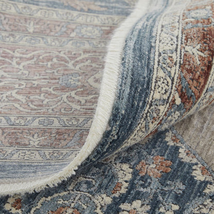 10' Gray Red And Blue Floral Runner Rug With Fringe