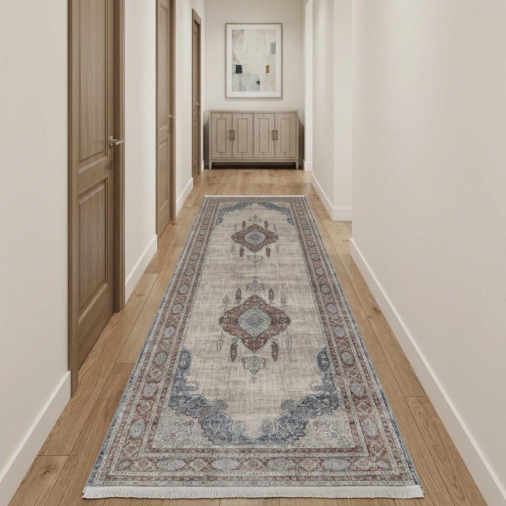 10' Gray Red And Blue Floral Runner Rug With Fringe