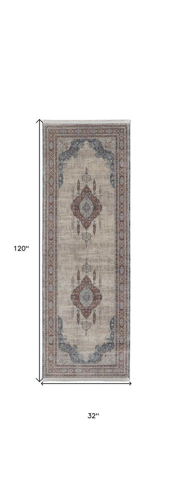 10' Gray Red And Blue Floral Runner Rug With Fringe