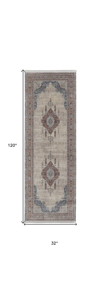 10' Gray Red And Blue Floral Runner Rug With Fringe
