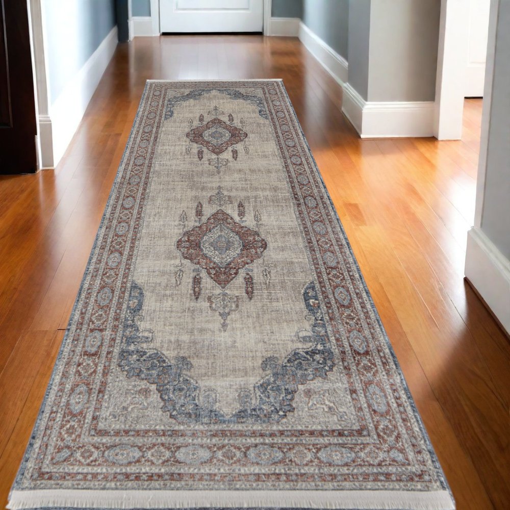 10' Gray Red And Blue Floral Runner Rug With Fringe