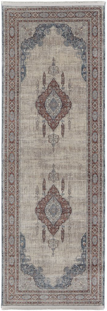 10' Gray Red And Blue Floral Runner Rug With Fringe